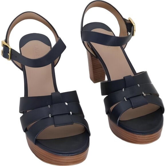 Lauren Ralph Lauren Soffia Ankle-Strap Navy Leather Block Heel Sandals US 9.5M - Picture 1 of 6